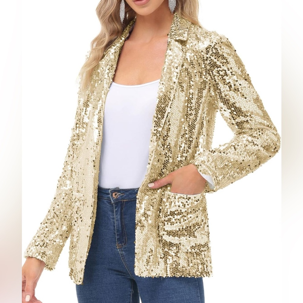 Gold KANCY KOLE Womens Sequin Jackets Blazer Jacket Sparkly Cardigan Coat Pocket